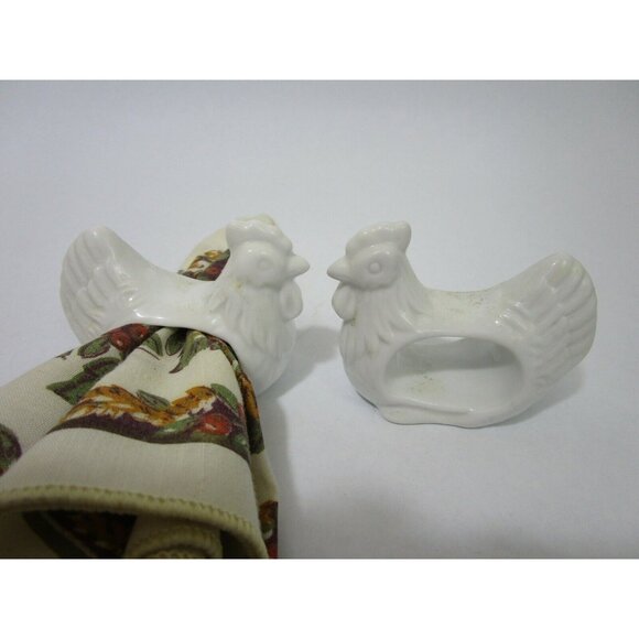 Rooster Hen Napkin Ring Holders White Porcelain Ceramic Set of 2 Countrycore - Picture 5 of 5